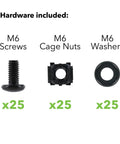 Dead Simple M6 Cage Nuts And Screws With Nylon Washers Snap In Place For Rack Mount Server Cabinets pack of 25 screws, nuts, and washers