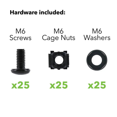 Dead Simple M6 Cage Nuts And Screws With Nylon Washers Snap In Place For Rack Mount Server Cabinets pack of 25 screws, nuts, and washers