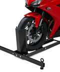 Heavy Duty Upright Motorcycle Wheel Chock Stand Keeps Your Bike Standing Solid In Garage Trailer Or Truck Fits 15 To 22 Inch Wheels And Supports Up To 1800 Pounds For Easy Loading And Safe Transport, shown holding a red motorcycle upright.