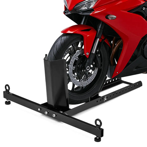 Heavy Duty Upright Motorcycle Wheel Chock Stand Keeps Your Bike Standing Solid In Garage Trailer Or Truck Fits 15 To 22 Inch Wheels And Supports Up To 1800 Pounds For Easy Loading And Safe Transport, shown holding a red motorcycle upright.