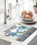 Hydrangea Pattern Dish Drying Mat for Kitchen Counter 16x18 Inches with wine glasses, farmhouse wood grain design.