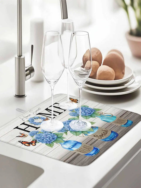 Hydrangea Pattern Dish Drying Mat for Kitchen Counter 16x18 Inches with wine glasses, farmhouse wood grain design.