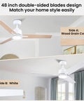 30 Inch Ceiling Fan With Lights And Remote, 5 Reversible Blades showing wood grain and white color options, installed in room.