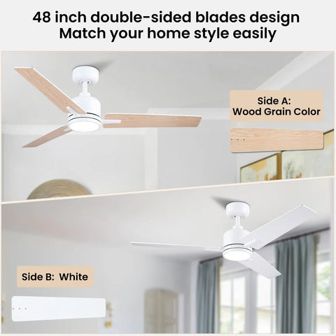 30 Inch Ceiling Fan With Lights And Remote, 5 Reversible Blades showing wood grain and white color options, installed in room.