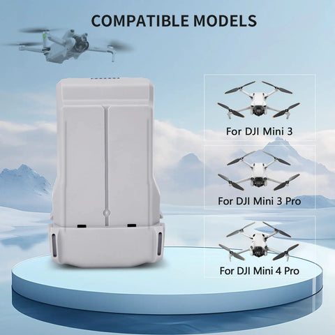 Intelligent Flight Battery Plus For DJI Mini 4 Pro Mini 3 Pro And Mini3 Drone Upgrade Replacement Part 3850mAh 7.38V shown with compatible models.