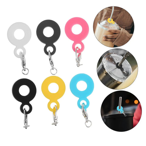 Six Pack Silicone Straw Charm Adapters For Tumblers, colorful pendants shown in use on drinks at parties and cafes.