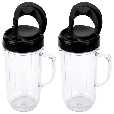 22oz Blender Cup Replacement Set With Flip Top On The Go Lid And Handle For 250W MB1001 Blenders Food Grade Material 2 Pack Durable Travel Friendly Juicer Accessories, showing clear cups with black lids and handles.