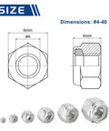 Nylon Locking Hex Nuts 4 40 Pack Of 50 In 304 Stainless Steel With Silver Finish dimensions diagram and nut sizes shown