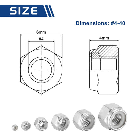 Nylon Locking Hex Nuts 4 40 Pack Of 50 In 304 Stainless Steel With Silver Finish dimensions diagram and nut sizes shown
