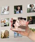 Close-up of hand holding DIY Fridge Magnet Making Kit 2.5 By 2.5 Inch With 100 Consumables, featuring romantic photo.