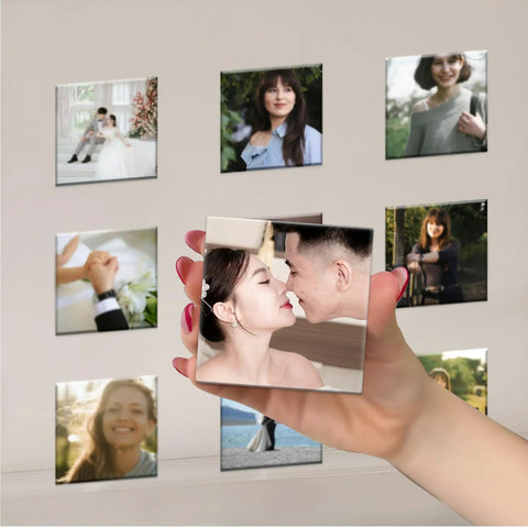 Close-up of hand holding DIY Fridge Magnet Making Kit 2.5 By 2.5 Inch With 100 Consumables, featuring romantic photo.
