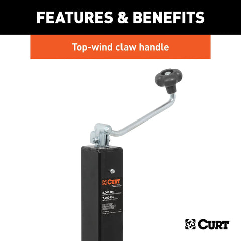 CURT 28570 direct-weld trailer jack, 8,000 lb capacity; black steel body with silver handle front view