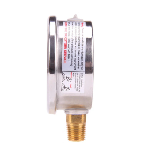 Side view of MEASUREMAN glycerin-filled pressure gauge; 2.5 in dial, 304 stainless steel case, 1/4 NPT brass connection