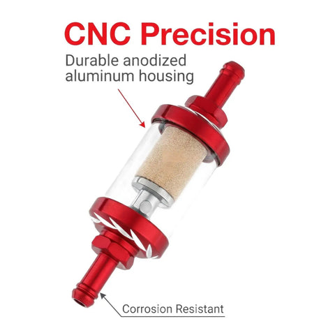 Five Sixteenth Inch Beefy Inline Gas Filter With Reusable Aluminum Body And Clear Glass For Small Engines Motorcycles ATVs