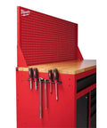 Heavy Duty Mobile Workbench With Adjustable Shelves And Durable Wood Top Roll Out Tool Storage Cart, featuring a pegboard and tools.