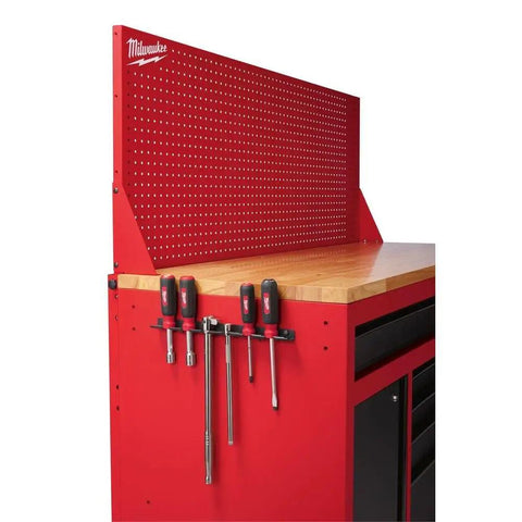 Heavy Duty Mobile Workbench With Adjustable Shelves And Durable Wood Top Roll Out Tool Storage Cart, featuring a pegboard and tools.