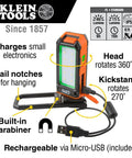 Go To Rechargeable LED Work Light With Kickstand And Magnetic Mount And Carabiner For Work Or Camping Charges Small Electronics 460 Lumens On High For 9 Hours 175 Lumens On Low For 16 Hours shown with charging cable