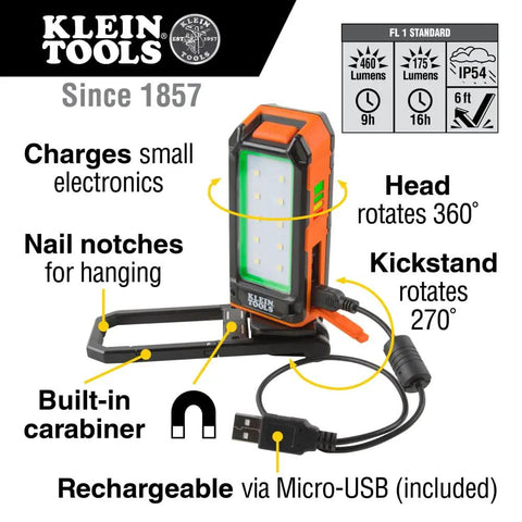 Go To Rechargeable LED Work Light With Kickstand And Magnetic Mount And Carabiner For Work Or Camping Charges Small Electronics 460 Lumens On High For 9 Hours 175 Lumens On Low For 16 Hours shown with charging cable