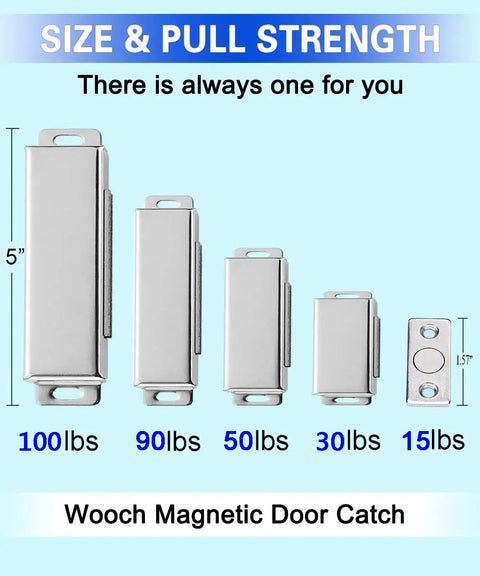 Beefy Heavy Duty Door Magnetic Catch 160lb Pull Force shown in various sizes and pull strengths for cabinets and closets.