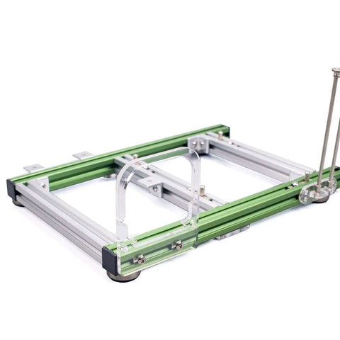 Side view of an Open Air ITX Test Bench Frame For DIY PC Builds, lightweight aluminum with green and silver brackets, ready for assembly.
