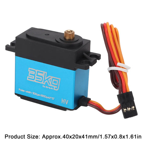 Beefed Up 35Kg Coreless Digital Servo With Fully Waterproof Housing And Heavy Duty Stainless Gears For 1/8 1/10 1/12 Scale RC Cars And Trucks Quick Response side view showing wire and size details.