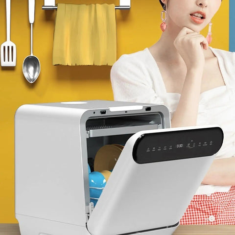 Plug And Play Countertop Dishwasher Totally Hassle Free Setup Triple Bowl Basket in a modern kitchen setting.