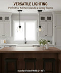 Straight Up Matte Black Globe Pendant Lights 2 Pack With Clear Glass Shades installed over a kitchen island in a modern kitchen.