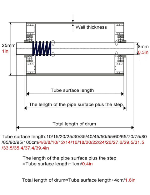Diagram of Heavy Duty Stainless Steel Conveyor Rollers And Idler Tubes For Belt Conveyors, 25mm gauge specifications and measurements.