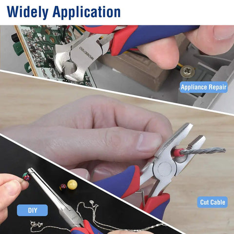 6 Piece Mini Pliers Set For Quick DIY Fixes And Electronics Repair, showcasing applications like appliance repair, cable cutting, DIY.