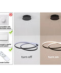 Modern LED Chandelier With Dimmable 36W Light And Remote, Black Acrylic Two Ring Pendant Hanging Lamp shown off and on