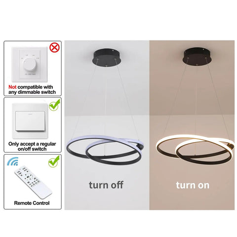 Modern LED Chandelier With Dimmable 36W Light And Remote, Black Acrylic Two Ring Pendant Hanging Lamp shown off and on