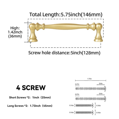 10 Pack 5 Inch Brushed Gold Cabinet Pulls Heavy Duty Zinc Alloy Drawer Handles For Kitchen Cupboards And Dressers showing dimensions and screws.