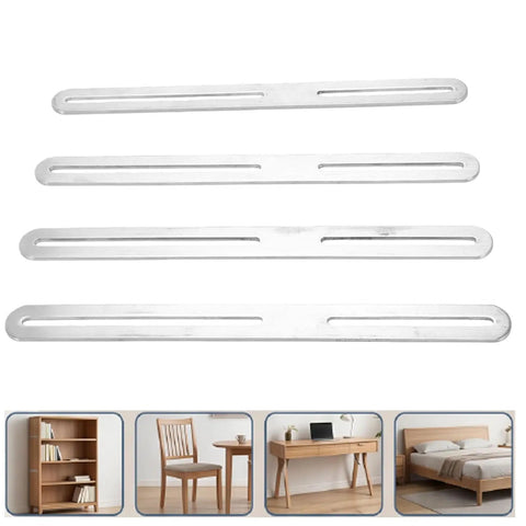 4 Pack Adjustable Flat Mending Plates with Single Slot Stainless Steel Repair Brackets for Wood Furniture, shown with usage examples.