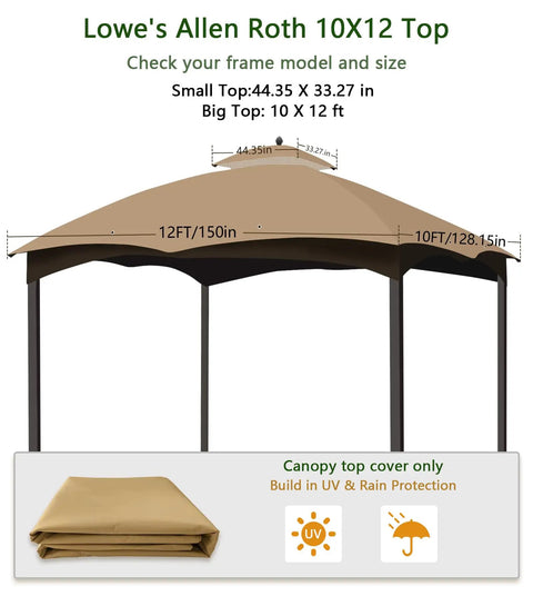 Heavy Duty 10x12 Gazebo Replacement Canopy Top With Air Vent, 300D Polyester PA Coated, Tough As Nails Waterproof Shade Cover
