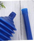 No Sweat Heavy Hitter 2 Pack Plunger for Bathroom Toilet Clog Blasting showing blue accordion bellows and handle details.