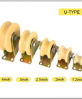 Tough As Nails V Groove Wheel Sliding Gate Casters With Durable Nylon Track Wheel U Type Pulley for various sizes from 1.2 to 4 inch.