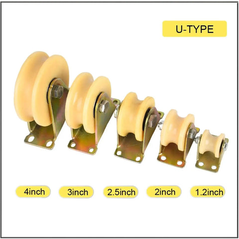 Tough As Nails V Groove Wheel Sliding Gate Casters With Durable Nylon Track Wheel U Type Pulley for various sizes from 1.2 to 4 inch.