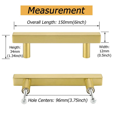 Measurements of 25 Pack Gold Cabinet Handles 3 3 Quarter Inch Hole Spacing Brushed Brass On Stainless Steel T Bar Drawer Pulls