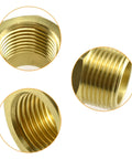 Brass 1/2 in NPT male to 1/4 in NPT female reducer adapters, 2-pack, close-up threaded fittings