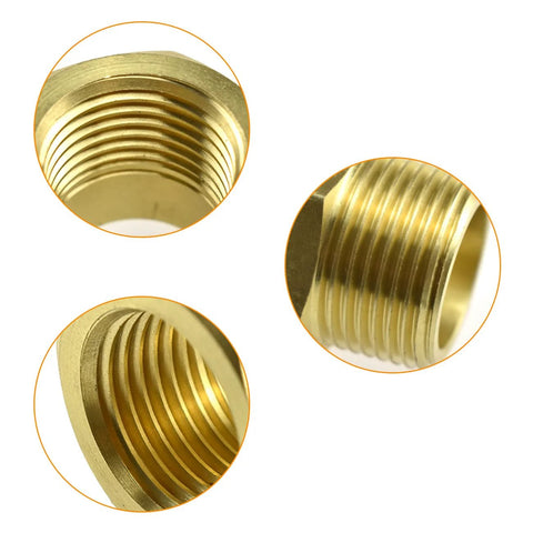 Brass 1/2 in NPT male to 1/4 in NPT female reducer adapters, 2-pack, close-up threaded fittings
