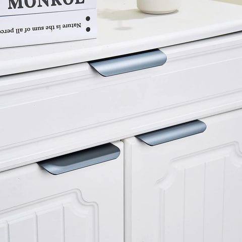 Five Pack 120mm Grey Cabinet Pulls With Matte Concealed Edge Design And Finger Friendly Tab Handles For Contemporary Furniture installed on white cabinet
