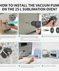 Installation guide for Pro Grade 3D Vacuum Sublimation Tray and Pump Set for 25 L Sublimation Oven, showing steps and tools.