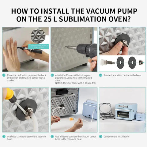 Installation guide for Pro Grade 3D Vacuum Sublimation Tray and Pump Set for 25 L Sublimation Oven, showing steps and tools.