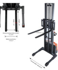 Heavy Duty Electric Pallet Stacker With 3300 Lb Load Capacity And 98 Inch Lift Height Adjustable Forks showing fork dimensions and widths.