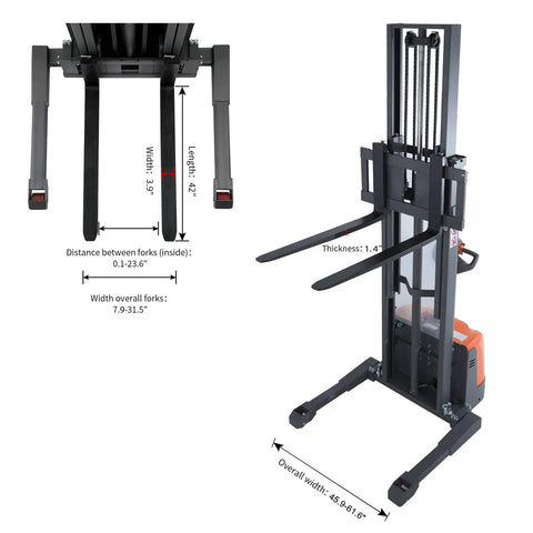 Heavy Duty Electric Pallet Stacker With 3300 Lb Load Capacity And 98 Inch Lift Height Adjustable Forks showing fork dimensions and widths.