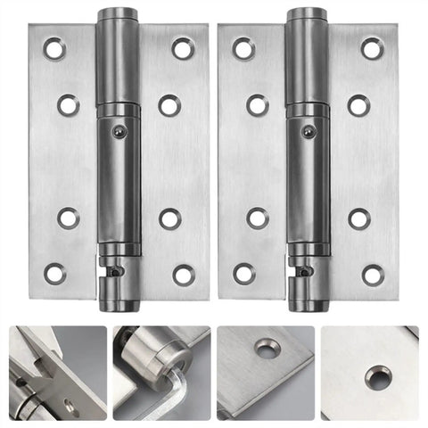 Self-Closing Stainless Steel Door Hinges Set 2-Pack showing rust-resistant silver hinges with smooth operation and durable build