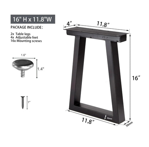 16 Inch Metal Table Legs Heavy Duty Trapezoid Style with screws and adjustable feet shown, dimensions and kit contents displayed.