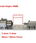 Built Tough 4 Axis CNC Rotary Tailstock With Heavy Duty Mounting Base And Nema 23 Stepper Motor For Slick Machining Projects Paired With A 100Mm Four Jaw Chuck with 200mm stroke and 65mm center height.