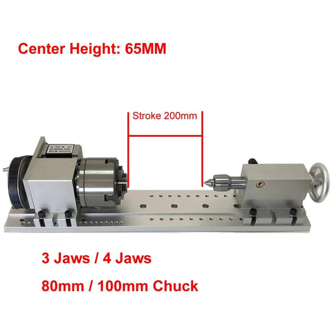 Built Tough 4 Axis CNC Rotary Tailstock With Heavy Duty Mounting Base And Nema 23 Stepper Motor For Slick Machining Projects Paired With A 100Mm Four Jaw Chuck with 200mm stroke and 65mm center height.