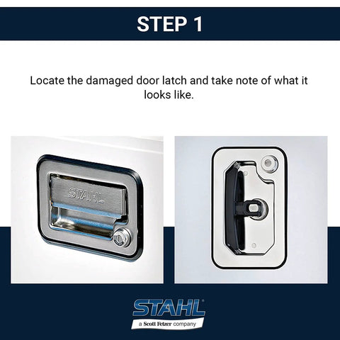 Step 1: Damaged door latch on Challenger ST Service Body before installing Replacement Rotary Latch Kit And Handle for 2012-current models.